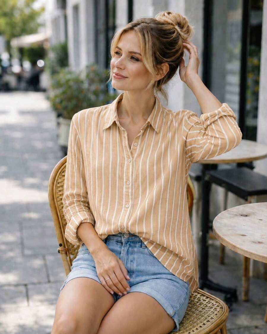 Linen Button-Down Shirt, Beach Cover-Up, Long Sleeves, Striped, Polyester, Button-Down, Vacation, Diary, Travel, Summer. - Beige - View 1