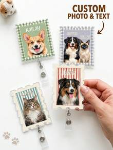 Personalized Pet Badge Clip, Custom Cat Dog Photo Stamp Acrylic Retractable ID Clip, Pet Owner Office Portrait Name Clip Accessories - Multicolor - View 2