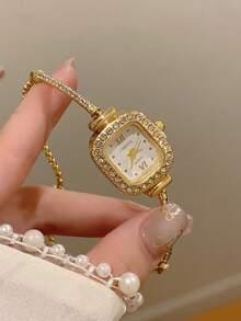 1件女款方形石英手錶，附鏈條錶帶，鑲鑽裝飾，英倫風時尚設計軟手鍊錶 - 均碼 - 查看 11