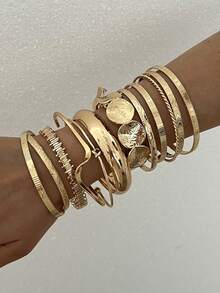 12/7pcs Vintage Elegant Wide Plain Metal Disc Beaded Elastic Bracelet Set, Suitable For Women's Daily, Party, Vacation And Multi-Occasion Wear, Gift - Gold - View 5