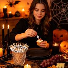50/100pcs/Pack, Skull Fruit Picks, Rooster Tail Picks, Creative Hamburger And Pastry Picks, Bamboo Sticks. Suitable For Christmas And Day Of The Dead Theme Parties, Enhancing Party Atmosphere, Rooster Tail Picks - Multicolor - View 10