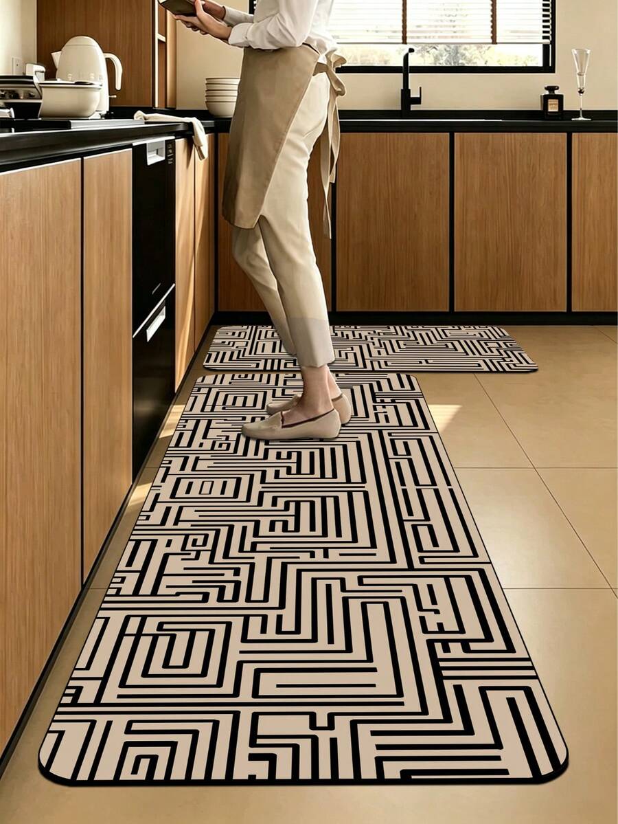 1pc Geometric Maze Pattern Floor Mat, 3.5mm Cuttable Cushioned Anti-Fatigue Kitchen Mat, Absorbent Rubber Bottom, Bathroom Floor Mat, Toilet Mat, Small Rug, Hallway Carpet, Entryway Mat, Indoor/Outdoor Door Mat, Outdoor Garden Decor - Multicolor - View 1
