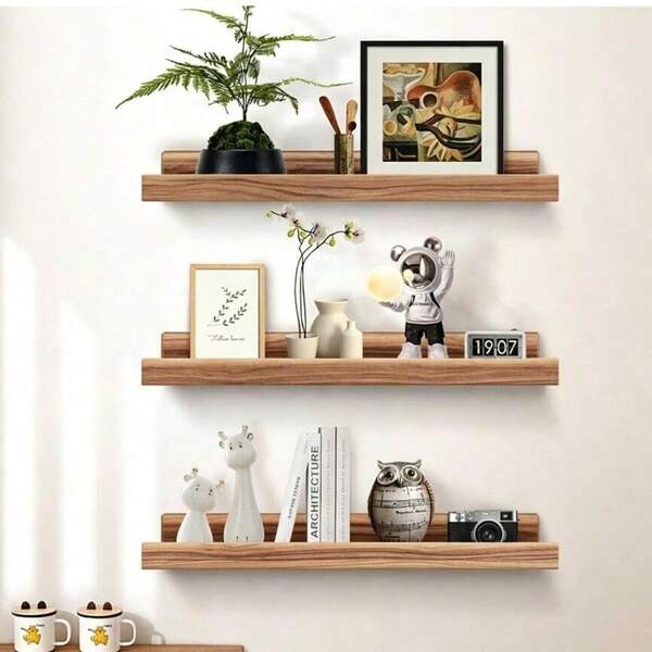 3 piezas de estantes flotantes de madera vintage, estante de exhibición de decoración de pared con barandilla, estante de almacenamiento para baño y cocina, marco de fotos decorativo moderno para dormitorio y sala de estar