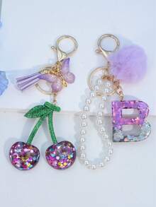 1pc Resin Starry Sky Epoxy Letter Keychain With Black Fur Ball Tassel Decor, Heart Pendant Gift For Friend And Mom - Mauve Purple - View 35