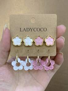 LADYCOCO 4對時尚可愛粉色/白色五葉草耳環附五花吊墜耳環套組，適合女性日常配戴 - 彩色 - 查看 6