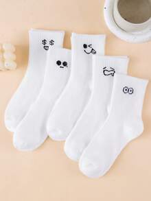 1/3/5/10 Pares de Meias Cano Médio Femininas Estilo Y2K em Cores Aleatórias, Estampa Fofa de Rosto e Estrela, Listradas em Preto e Branco, Tricotadas, Casuais para Escola e Uso Diário, Respiráveis, Alta Elasticidade, para Todas as Estações - Multicolorido - Visão 3