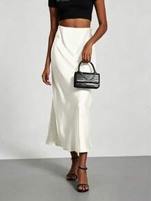 Plus Size Solid Color Satin Elegant Long Skirt For Vacation, Evening Party And Wedding White - White - View 6