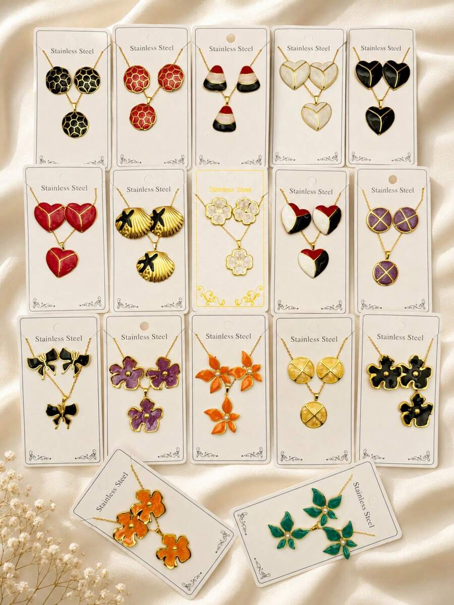 10 Sets - Women's Gold Enamel Flower Heart Shell Butterfly Necklace & Earrings, Stainless Steel Jewelry Set, Suitable For Daily Wear, Party, Gift (Random Shipment) - Multicolor - View 1