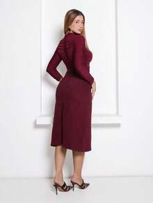 Women's Long Denim Skirt, Flared, High-Waisted, Elegant, Distressed Hem, Burgundy - 酒紅色 - 查看 6