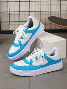 Women's Casual Sports Shoes, Versatile Color Breathable Low-Top Shoes, Skateboard Shoes, Birthday Gift, Holiday Gift, Comfortable Upper Lightweight Lace-Up Round Toe - White and Blue - View 4