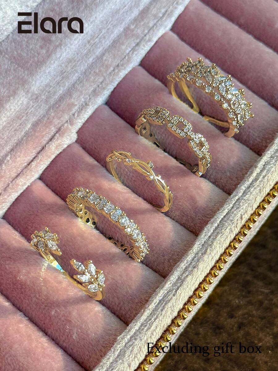 5pcs Fashion Cubic Zirconia Leaf Open Ring Set Suitable For Women Party Wear (Gift Box Not Included) - Yellow Gold - View 1