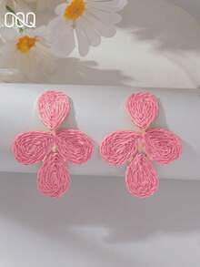 OOQ 1 Pair Minimalist 4-Petal Flower Water Drop Handmade Raffia Earrings, Elegant Fresh Solid Color Exaggerated Versatile Women's Earrings, Suitable For Daily Wear And Any Holiday Gift - Pink - View 4