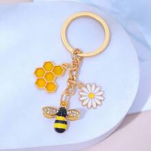 1pc Enamel Bee Honeycomb Daisy Metal Keychain, Cute Floral Bag Charm, Back To School Labor Day Holiday Decoration Gift - Multicolor - View 7