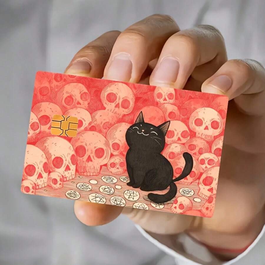 Pegatina de piel para tarjeta bancaria, tarjeta de crédito, tarjeta de débito, tarjeta de transporte y tarjeta de llave de habitación con diseño de calavera de gato negro lindo - etiqueta engomada - Ver 1
