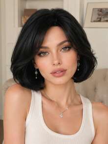 NAMM Short Black Bob Wigs For Women Layered Wave Hair Wig With Side Part Bangs Natural Synthetic Heat Resistant Fiber Wig For Cosplay Daily And Daily Use 8 Inch, Halloween - Black - View 1