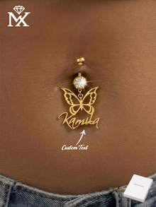 Customizable English Name Fashion Cubic Zirconia Butterfly Belly Button Piercing, Made Of Stainless Steel, Classic And Timeless, Simple And Beautiful, Unique Design, Suitable For Multiple Occasions, Wearable All Year Round, Perfect Surprise Gift For Mother, Grandmother, Friends And Family On Christmas, Thanksgiving, Birthday And Family Gatherings - Gold - View 2