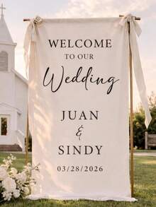 Cartel de Bienvenida de Boda Personalizado | Pancarta de Tela Vertical para Boda | Fondo Personalizado con Nombre & Fecha | Decoración Rústica para Ceremonia al Aire Libre - Multicolor - Ver 3