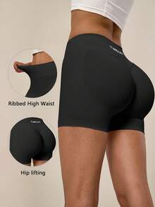 TimeOff Women's 1pc Solid Color High Waist Ribbed Waistband Ruched Butt Sports Shorts - Black - View 11