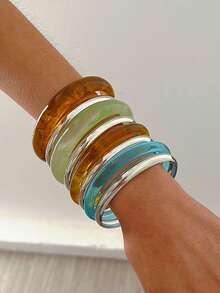 8pcs/4pcs Women's Bracelet Set, Vintage Fashion Elegant Minimalist Daily Basic Old Money Style Blue Brown Green Resin Marbled Plain Bangle, Silver Polished Metal Bangle, Stackable Jewelry, Y2K Multi-Piece Set, Suitable For Women Summer Beach Vacation Party Date Daily Wear, Versatile Accessory, Gift For Girls - Multicolor - View 3