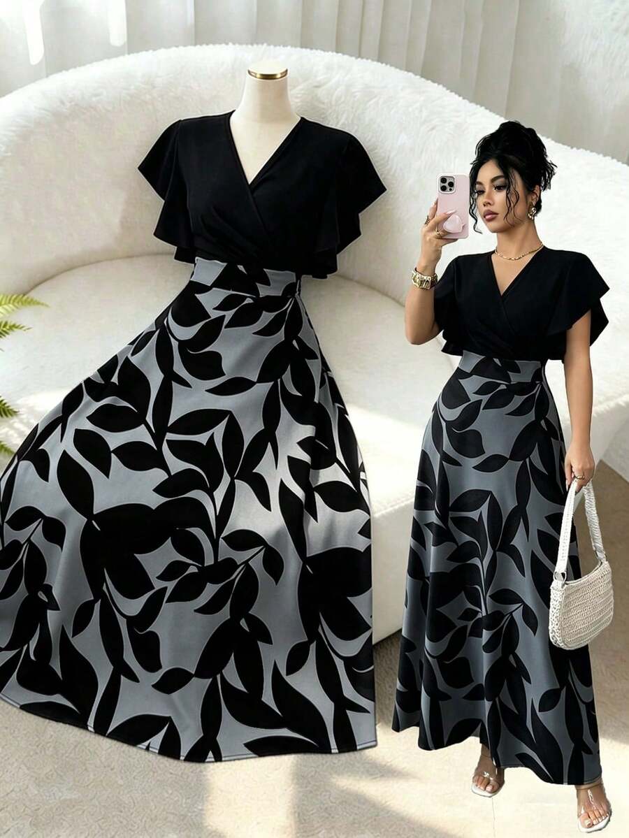 Vestido ajustado y acampanado con mangas de campana y patrón de hojas de color rojo burdeos elegante para mujer, primavera/verano - Multicolor - Ver 1