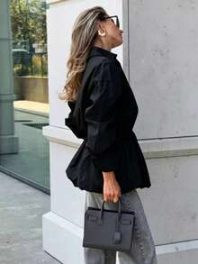 Women's Elegant Fashion Solid Color Blouse With Bud Hem - Black - View 2