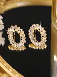 1pair Teardrop Cubic Zirconia Oval Gold Plated Hollow Sparkly Crystal Circle Earrings Luxury Elegant Jewelry For Women Wedding Party Daily Accessories - Yellow Gold - View 8