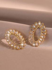 1pair Teardrop Cubic Zirconia Oval Gold Plated Hollow Sparkly Crystal Circle Earrings Luxury Elegant Jewelry For Women Wedding Party Daily Accessories - Yellow Gold - View 6