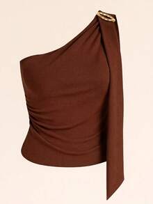 Women's Asymmetrical One-Shoulder Blouse With Padded Cups In Plain Ribbed Fabric - Casual, Basic, And Elegant - 鏽棕色 - 查看 2
