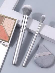 3PCS Makeup Brush&Makeup Puff Set,Large&Small Dome Blush Brushes,For Even Blush, Glow Highlight&Setting Powder Application,Silver Wooden Handle - Silver - View 2