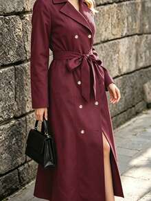 Mantel Trench Wanita Lengan Panjang Kerah Warna Polos Desain Kancing Burgundy Vintage Kancing Ganda - Burgundy - View 4