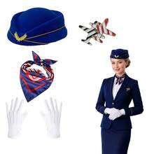 1件/5件組 空服員服裝套裝，含空服員帽子、徽章、圍巾、手套，適合萬聖節角色扮演、服裝派對、主題派對、單身女派對及其他派對場合，女款服裝套裝 - 彩色 - 查看 1