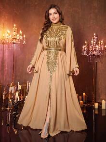UNITHORSE Plus Women's Stand Collar Flowy Sleeve Satin High Slit Morning Robe Dress - Champagne - View 2