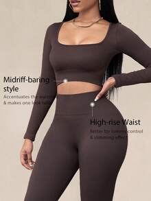 1 Set Donna Top Marrone Scollo Quadrato Maniche Lunghe + Pantaloni Vita Alta Sollevamento Glutei Modellanti Yoga/Fitness Set Sportivo Estivo - Castano - Visualizzare 4