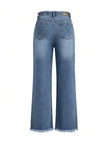 Jeans rectos casuales y versátiles con bolsillos y rotos para mujer, primavera - Azul lavado medio - Ver 10