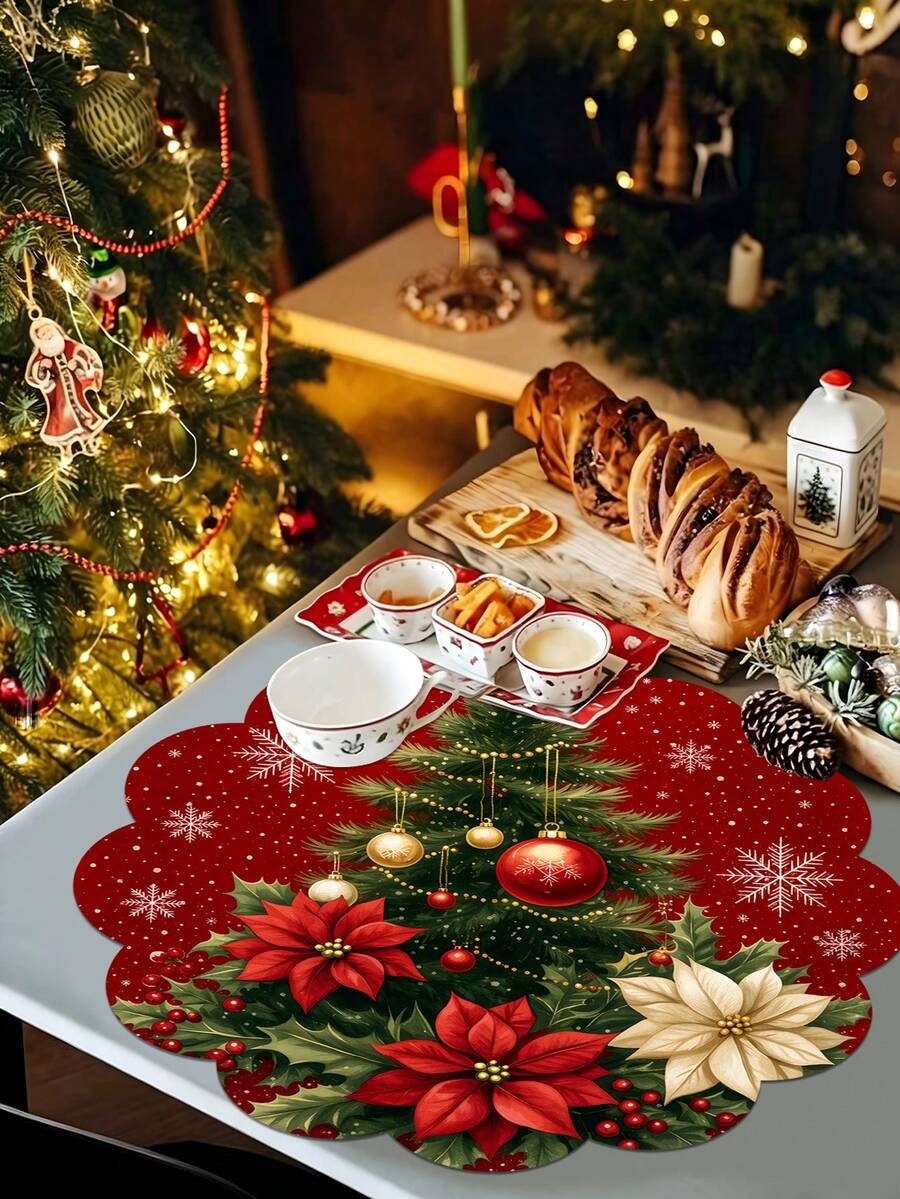 2/4/600pcs Christmas Party Round Placemats - Red Theme Christmas Tree, Poinsettia, Christmas Decor, Snowflake; 13.78 Inch Linen Material; Non-Slip, Heat Resistant And Machine Washable. - Multicolor - View 1