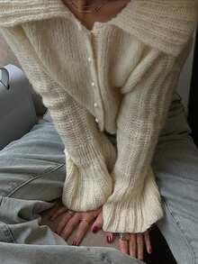 Women's Knitted Cardigan With Pearl Button Decor, Long Sleeve Short Sweater, Suitable For Autumn/Winter Wear - Beige - View 5