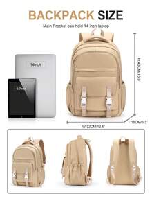 背包、書包、筆電背包，適用於 14-15.6 吋筆電，休閒旅行背包，適合青少年女孩、男孩和學生的書包，可調節肩帶書包，多口袋日用背包，通勤背包，戶外背包，多色可選 - 隨機發貨新舊版本 - 卡其色 - 查看 4