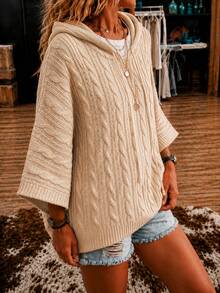 Solid Color Knit Drawstring Casual Versatile Commute Loose Hooded Pullover Sweater Holiday College Vacation Daily Date Single Party Travel Fall - Apricot - View 2