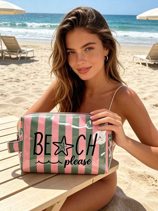 Bunte gestreifte Strand-Make-up-Tasche, Strand-Muster, wasserdichte PVC-Kulturtasche, tragbare Reise-Make-up-Tasche, multifunktionale Kulturtasche, Urlaub-Make-up-Tasche, perfekt für Schwimmen, Strand, Tauchen und Sommerurlaub