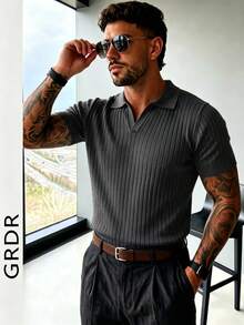 GRDR 男士夏季纯色 Polo 领短袖针织衫，适合夏季外出穿着，时尚造型必备单品 - 深灰色 - 查看 2