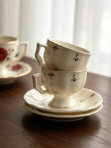 1pc 100ml Ceramic French Espresso Cup & Saucer, Afternoon Tea Coffee Cup, Exquisite Ceramic Coffee Cup & Saucer, Vintage Afternoon Tea Flower Tea Set - Floral - View 8