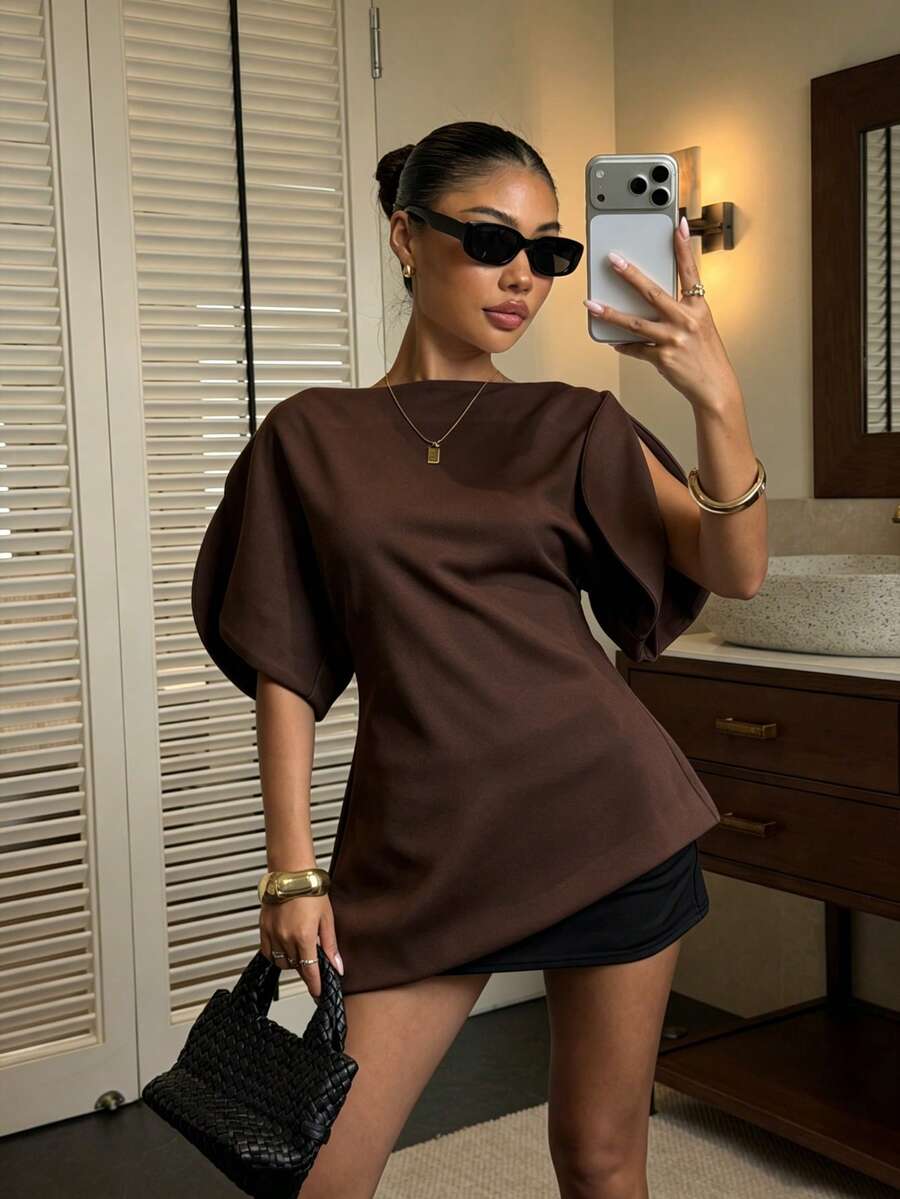 DEEKA Women's Fashionable Puff Sleeve Casual Top, European And American Style, Spring/Summer Brown