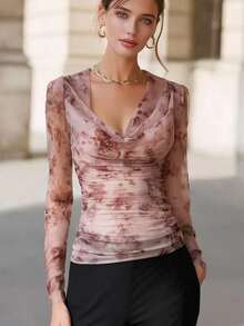 Autumn/Winter French Floral Sexy Thin Semi-Sheer Fitted Cold Shoulder Print Top - Multicolor - View 2