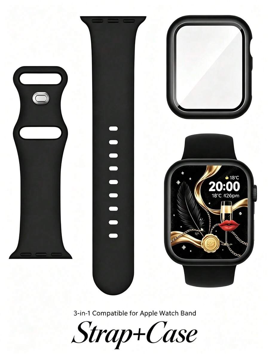 Sport Band And Case Compatible With Apple Watch 38/40/41/42/44/45/46/49mm , Silicone Waterproof Strap With Cover Combo For Apple Watch All Series - Black - View 1