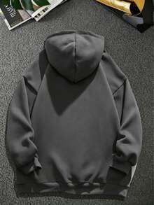 AnChiStreetwear--Plus Size Men's Fashion Casual Solid Color Pocket Drawstring Hoodie Sweatshirt, Perfect For Daily, Street, Sports, College, Outdoor Wear - Dark Grey - View 4