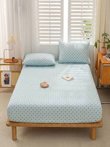 1 pieza Sábana ajustada con base azul claro y patrón de lunares negros pequeños sin relleno, sábana ajustada para dormitorio de microfibra cepillada transpirable y cómoda 1 pieza sábana ajustada tamaño King Queen Full Twin con diseño de bolsillo profundo hasta 11.8 pulgadas, - Celeste - Ver 2
