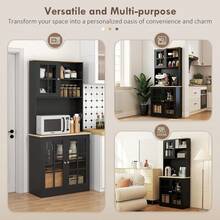 Kitchen Pantry Storage Cabinet, Freestanding Food Pantry Hutch Cabinet With Large Countertop Glass Doors And Adjustable Shelves, Modern Coffee Bar Microwave Stand Storage Organizer For Dining Room, Black - Black - View 7