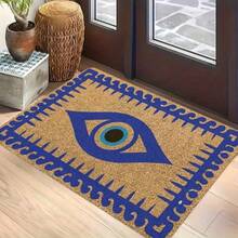 1 Peça Tapete de Porta com Estampa de Borda de Onda Totem de Olho Maligno Marrom & Azul, Tapete Retangular Arredondado de Flanela Estilo Vintage Exótico, Padrão de Olho Maligno de Pupila Azul Camada Central com Detalhe de Borda de Onda Vintage Contínua, Tapete de Entrada Antiderrapante Absorvente de Poeira e Água, Adequado para Entrada, Varanda, Interior de Pousada, Uso Doméstico Diário em Todas as Estações - Multicolorido - Visão 16