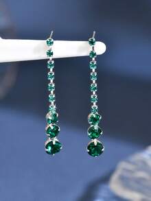 1 Pair Minimalist Light Purple Rhinestone Water Drop Tassel Earrings, Suitable For Women's Daily Wear, Party, Gift - Green - View 4