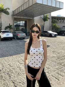 女款夏季波點細肩帶背心，短版，獨特漂亮設計，無袖白色休閒上衣 - 白色 - 查看 5